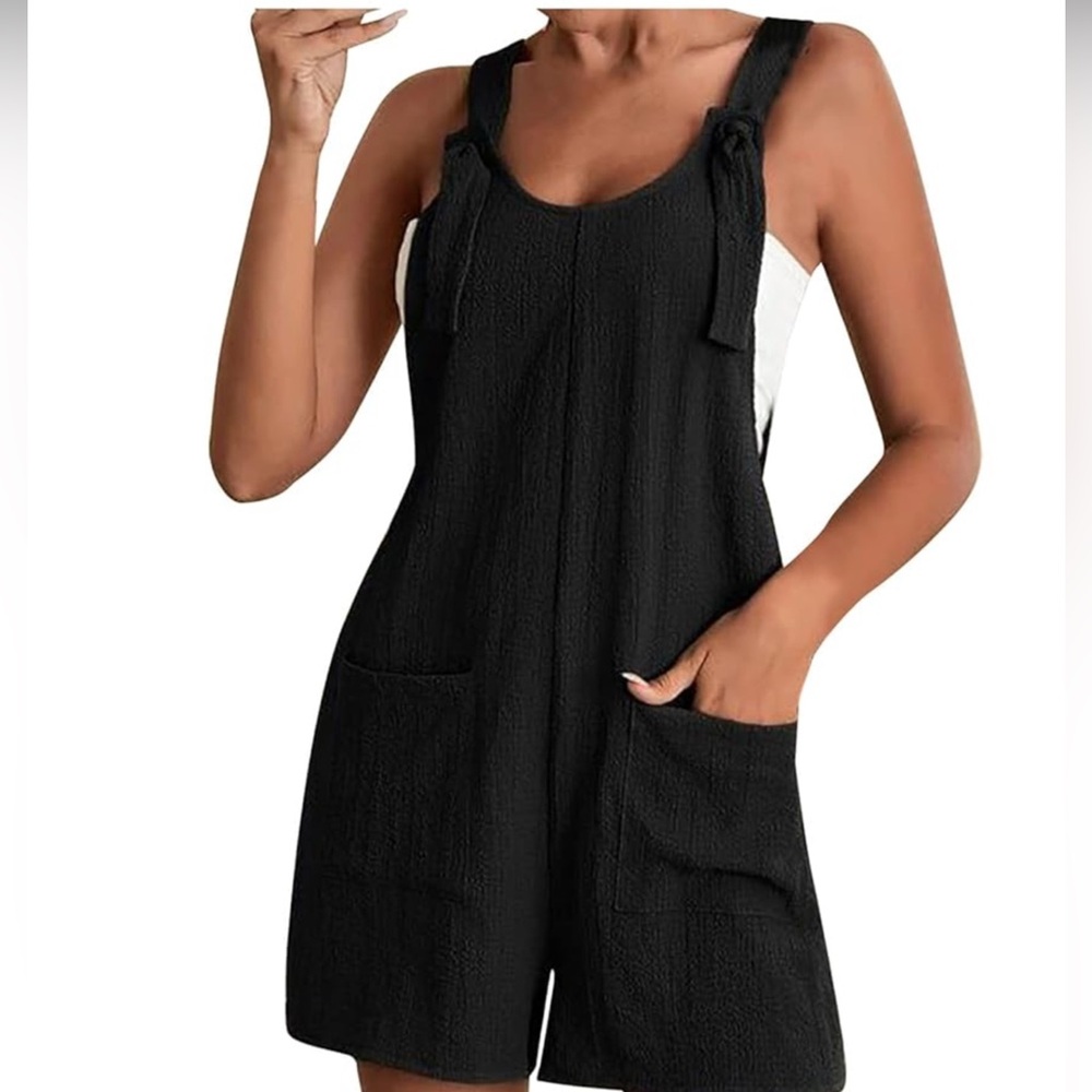 Emery Rose Black textured Roomy Summer Knot shoulder romper. .